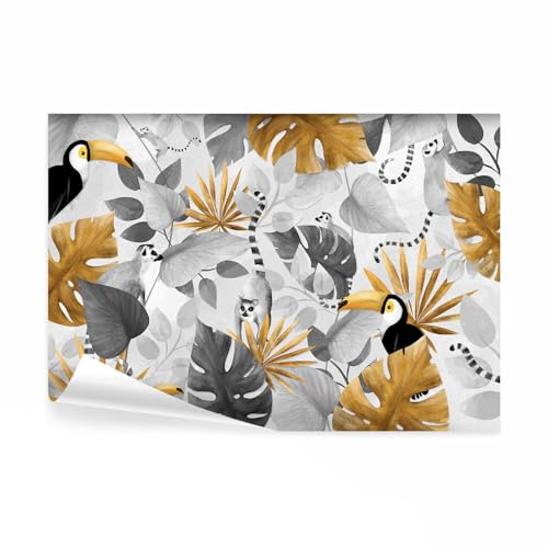 decomonkey - Papier Peint Panoramique Nature 350x256 cm - Décoration murale moderne – Tapisserie décorative pour chambre salon - Lémurien toucan plantes feuilles jungle tropical monstera