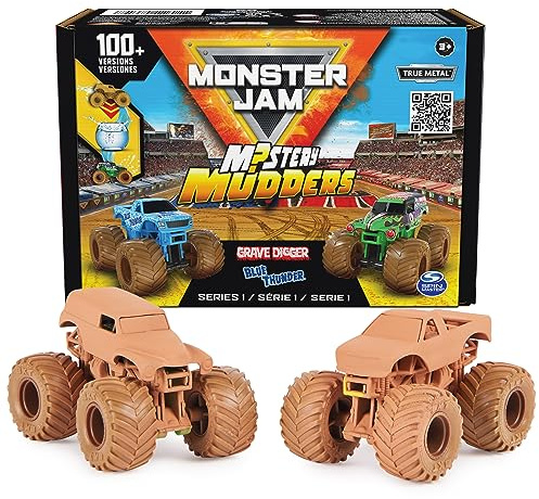 Monster Jam, Mystery Mudders 2-Pack Monster Trucks, Official 1:64 Die-Cast Vehicles, Wash to Reveal (Styles Will Vary), Kids Toys for Boys 3 and Up