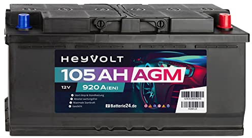 HeyVolt Autobatterie 12V 105Ah 920A/EN AGM für Start-Stop, Standheizung