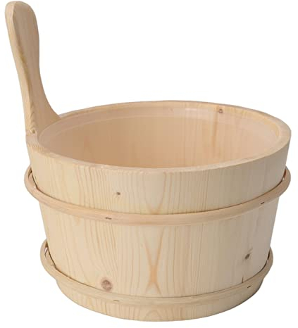 Qcwwy Ensemble de Louche de Seau de Sauna en Bois 4L Accessoires de Sauna avec Revêtement en Plastique pour Piscine Spa Seau de Sauna en Bois Fait à la Main Accessoire de Spa de Sauna