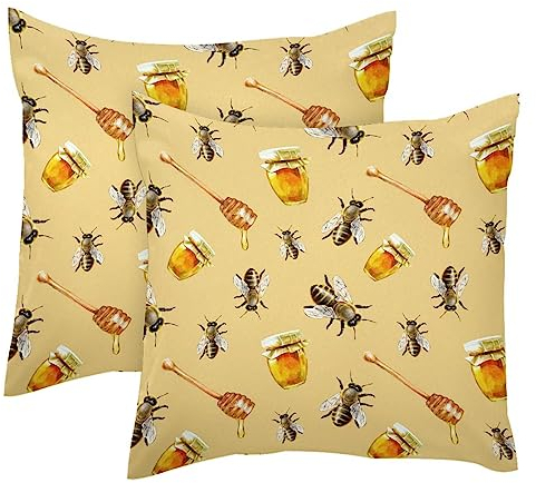 Watercolor Bees and Honey Jars 2 Pack Square Throw Pillow Covers Decorative Soft Velvet Pillowcase for Couch Sofa Bed Car Living Room, 40x40cm