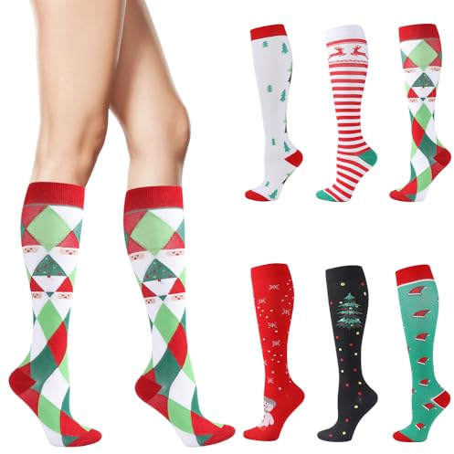 Kleemeiero 6 Pares Calcetines de Compresión Navideños 30-40mmHg - Medias Hasta la Rodilla Térmicos de Papá Noel - Regalo para Mujer (35-39)