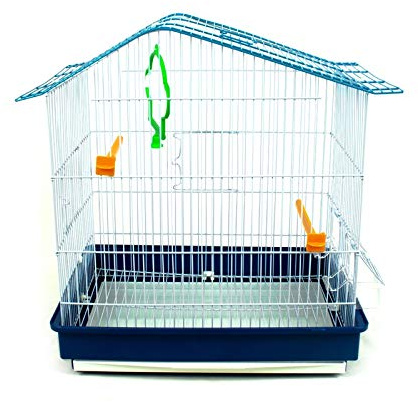 Pet's Solution - Gabbia per Uccelli come Canarini, Colorata e Robusta, con Fondo Estraibile, 2 Mangiatoie, 2 Posatoi e 1 Altalena - Blu con Tetto a Onda