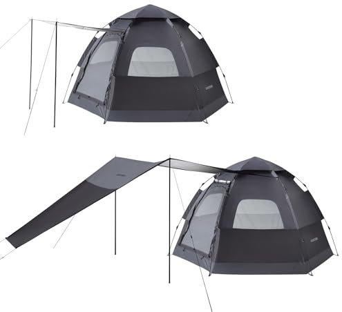 IDOOGEN Instant-Campingzelt für 4 Personen, 2 Netzfenster und 2 Türen, sechseckiges Design, einfach aufzubauen, Pop-Up-Zelt mit Vorraum und Regenschutz, Outdoor-Aktivität (anthrazitgraues Planenpaket)