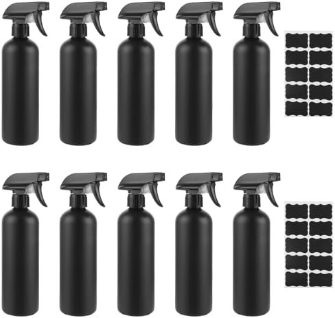MUXHEL Lot de 10 flacons pulvérisateurs de 500 ml, noirs, en plastique, avec étiquette étanche et buse de brume