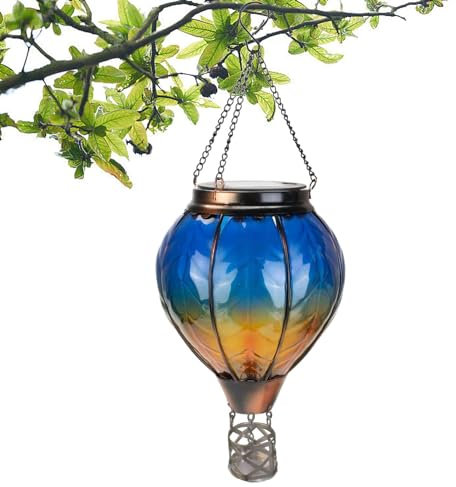 Blue Hot Air Balloon - Blue Lantern Lamp, Hot Air Balloon Solar Light | Hot Air Balloon Garden Lamp with Flame | Farmhouse Decoration, Decorative Glass Solar Lanterns for Indoor Outdoor Occasions