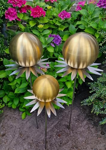 Jürgen Bocker Garten-Ambiente Blütenzauber Milano 3er Set Rosenkugel 15/15/10 cm Edelstahl Gartenstecker Deko mit Stab 80 cm (Gold matt)