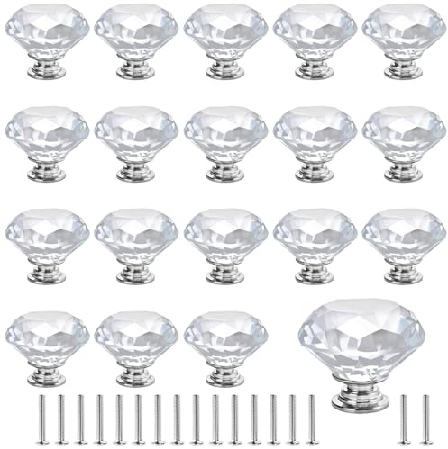 MAKTSAM 20PCS Clear Crystal Door Knobs, 40 mm Glass Drawer Cabinet Knobs, K9 Crystal Diamond Handles for Cupboard, Wardrobe, Furniture