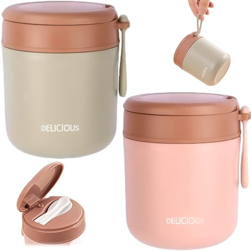 Lot de 2 récipients alimentaires isolés, 430 ml, en acier inoxydable, avec couvercle anti-fuite, récipients à soupe avec cuillère pliable, récipient portable pour déjeuner chaud avec poignée pour enfa
