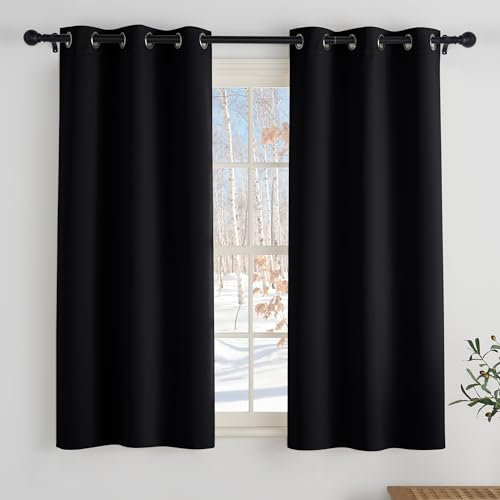 PONY DANCE Bistrogardine Blickdicht 2er Set H 114 x B 106 cm Verdunklungsvorhänge Kurz Scheibengardinen Küche Schwarze Gardinen Verdunkelnd Küchenfenster Vorhang mit Ösen