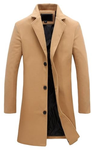 BIUBIULOVE Cappotti di Lana Casual da Lavoro Tinta Unita da Uomo, Trench Casual da Uomo, Cappotto Monopetto con Colletto A Dentelli (L,Cachi)