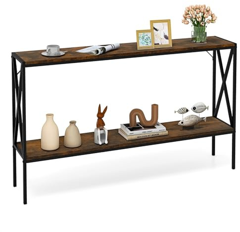 LIFEZEAL Tavolo consolle a 2 ripiani, stretto ingresso con ripiano, tavolo da corridoio a forma di X con telaio in metallo, tavolino per ingresso, soggiorno e corridoio, 120 x 23 x 74 cm (vintage