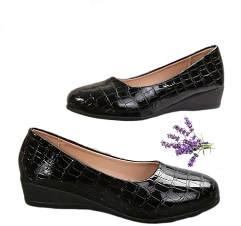 LTHTX Women's Lightweight Leather Shoes, Womens Ladies Low mid Heel Wedge Casual Work Dolly Ballerina Court Shoes (6,black)