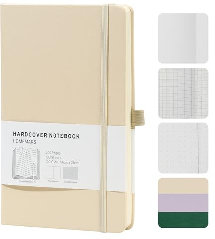 HOMEMARS Notizbuch, Notebook, 21cm*14.5cm, Notizbuch A5 Kariert, Journal buch, Reisetagebuch, Kariert Papier,Notizblock, Notizbücher a5, 100GSM, 200 Seiten, Leder Hardcover，Lvory