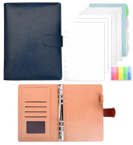 Ringbuch A5 Nachfüllbar, Leder Notizbuch Binder Mit 135 Blätter A5 Nachfüllpapier Und Bindertaschen Für Schulnotizen Reisetagebücher und Organizer(Blau)