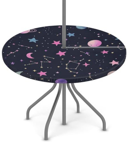 Woltant Tovaglia rotonda con foro per ombrellone e cerniera, facile da pulire, con bordi elastici, protezione per tavolo da giardino, patio, barbecue (costellazioni stellate)
