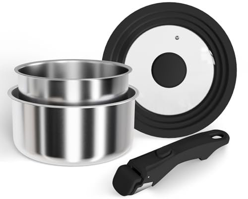 Abijan Stainless Steel Saucepan Set with Removable Handle, Saucepan Pots Stackable, Compatible with Gas, Electric, Induction, Ceramic Hobs, Oven Safe, Dishwasher Safe, 7.1 inches and 7.9 inches