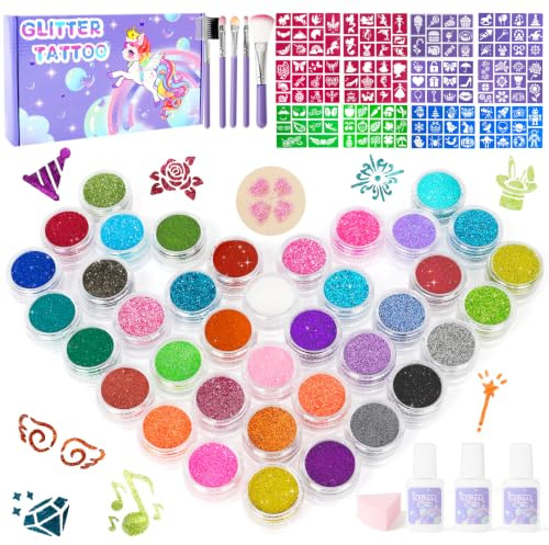 Glitzer Tattoo Set Kinder, Temporäre Glitzertattoos Set Mädchen, 38 Farben | Biologisch abbaubarer Glitzer, Kindertattoos Hautfreundlich, Mitgebsel Kindergeburtstag Gastgeschenke für Partys Basteln 3+
