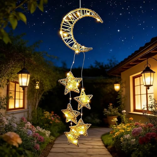 Ramadan Deko Lichterkette,LED Sterne Weihnachtsbeleuchtung,Lichterkette Innen,Rattan Mond Sterne Lichterkette Deko,Stern Fenster Beleuchtet für Wanddeko,Hängedeko,Weihnachten Fenster Lichter Indoor