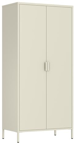Brigros - Armadio Metallico 2 Ante Con Ripiani E Appendiabiti 80x40x170 Cm, Armadio Salvaspazio Multiuso Per Camera Da Letto, Cameretta E Mansarda, Guardaroba Moderno In Metallo Colorato (Avorio)