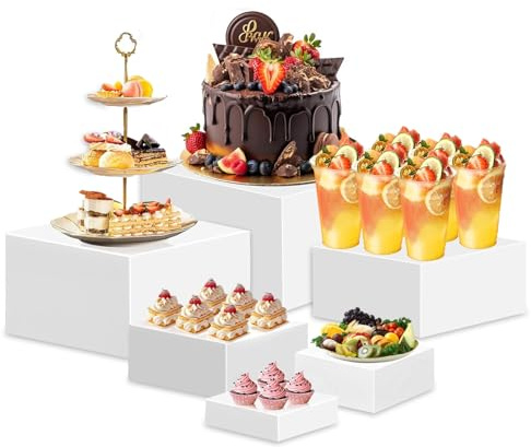 Msiud Buffet Risers White, 6Pcs Stackable Display Cubes Set for Dessert | Hollow Bottom with Glossy Finish for Wedding Party Tea Display, Space Saving Design and Versatile Decor Risers for Buffet