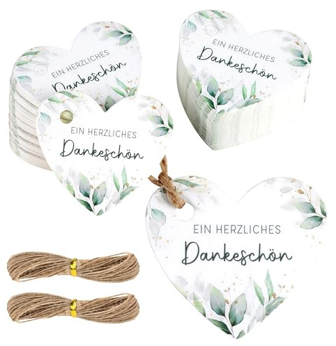 100 Stück Danke Anhänger Hochzeit,Herz Eukalyptus Geschenkanhänger Geschenkanhänger 5cm Etiketten mit Jute Schnur für Dankeschön Kommunion Taufe Konfirmation Hochzeit Geburtstag