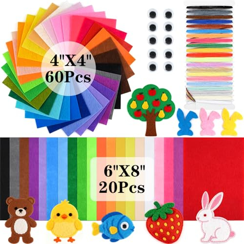 NEBURORA - Kit de manualidades de 80 láminas de fieltro de 1 mm de grosor, 10 x 10 cm + 15 x 20 cm, multicolor, para costura, patchwork, proyectos escolares, decoración de fiestas y hogar