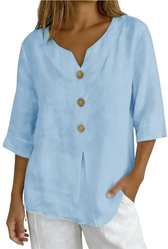 Chemise Femme Lin Manches 7/8 Chic et élégant Chemisier Coton Lin pour Femmes Col en V Bouton Tops Couleur Unie Respirant T-Shirts Chemisiers et Blouses Grande Taille Tunique Blouse
