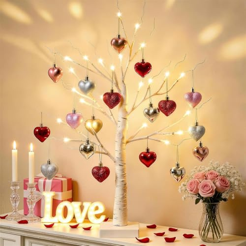 Wsndyjia Valentines Day Decor Lighted Tree, 18pcs Heart-Shaped Ornaments, USB Battery Operated Light Up Artificial Tree for Home Indoor Party Valentines Day Decorations