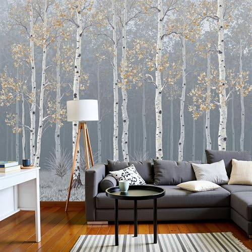 Papel Pintado Pared 3D Bosque De Abedules Otoñales 300X210Cm Fotomurales Ilustración De La Naturaleza, Gris Papel Tapiz Grande Murales Fotográfico Moderno Decoración De Pared Para Sala Dormitorio