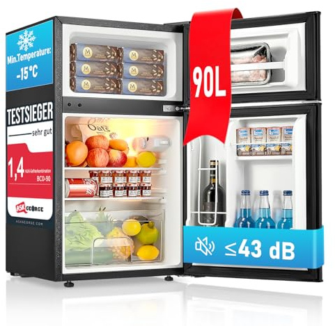 FOHERE Mini Kühlschrank mit Gefrierfach Leise 90L Klein für Schlafzimmer | Kühlschrank mit Gefrierfach 64L Kühlteil 26L Eisfach leiser Betrieb unter 43 dB mit niedrigem Stromverbrauch für Dosen