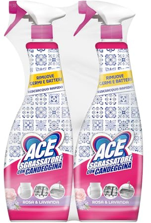 ACE Spray Sgrassatore con Candeggina, Rosa e Lavanda, 2 flaconi da 600 mL | ACE Spray Sgrassatore Con Candeggina - Igienizzante, Elimina Sporco, Germi e Batteri, Pulizia Profonda Per Superfici Di Casa