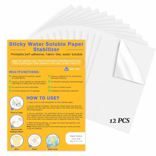 12 Blätter Sticken Selbstklebend Wasserlöslich A4 Stickpapier Drucker | A4 bedruckbare Blätter, selbstklebende Rückseite, löst sich rückstandslos auf, stoffähnliche Textur, Hand- & Maschinensticken