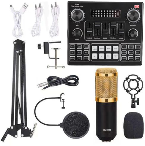 Eujgoov Kit de Micrófono y Tarjeta de Sonido Inteligente, Acero ABS, 12 Opciones de Sonido, Transmisión en Vivo, Ideal para Podcasters y Músicos (Negro Oro)