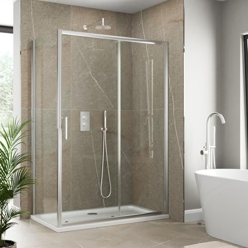 Luxura® 1400 x 800mm Sliding Shower Enclosure Door Screen for Wet Room Cubicle Enclosures, 6mm Toughened Safety Glass, Framed, Reversible, Polished Chrome