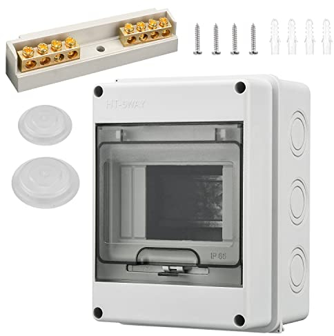 Caja de Distribución de Superficie 5 Módulos, Caja de Fusibles IP65 a Prueba de Agua con Bloque de Terminales, Carril DN, Caja Conexiones Electricas para Jardín o Exteriores