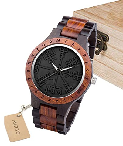 AHTCPO Relojes De Madera Vegvisir, Hombres Vikingos Joyería, Mito Nórdico Vintage Runas Círculo, Brújula Reloj de Madera, Hecho a Mano Grabado Caja de Madera de Regalo