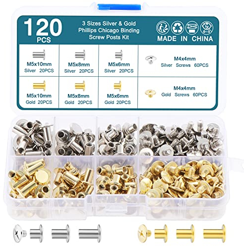 HSEAMALL 120 Sets Buchschrauben, Ledernieten Chicago Schrauben Binding Schraubnieten für leder gürtel nieten Hohlnieten 6,8,10mm