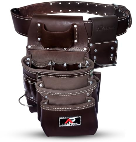 Ap Leather Pro-015 Leather Tool Pouch for Construction,Heavy Duty Hammer Holder,Buckle,3 Pocket Large with Belt, 12 Small Pocket, Tool Organizer