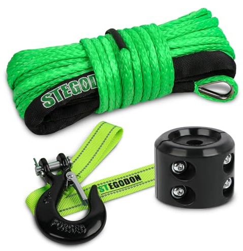 STEGODON Synthetic Winch Rope, 1/4'' x 50ft 10,000LBS Synthetic Winch Line 1/4 Winch Cable Replacement Synthetic Rope with Forged Winch Hook and Rubber Stopper for 4WD Off Road Vehicle ATV UTV (Green)