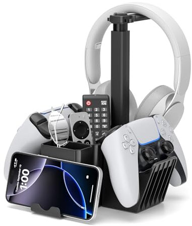 KDD Dual Controller Holder with Headphone Stand - Multi-Functional Desk Storage Accessories Box with Phone Holder - Controller Headset Stand with Desktop Organizer for Remote Control Black