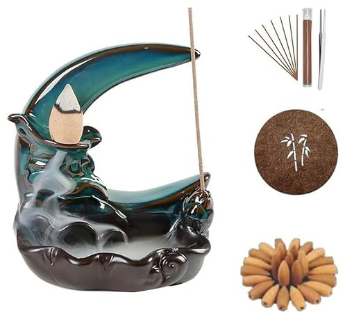 Goevcclei Brûleur d'encens Cascade, bruleur encens Cascade, Fontaine a encens Cascade, avec 50 cônes d'encens + 30 bâtonnets, pour la Maison,Bureau,Chambre à Coucher,Yoga (Vert)
