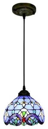Lampada a sospensione in stile Tiffany barocco blu da 8 pollici, lampada a sospensione retrò in vetro colorato color crema per ristorante, corridoio, cucina, bar, illuminazione a sospensione, blu
