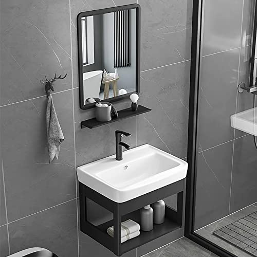 Juego de tocador de baño de lavabo individual con fregadero combinado, tocador independiente montado en la pared con espejo abierto, grifos de agua fría y caliente incluidos, muebles de baño modernos