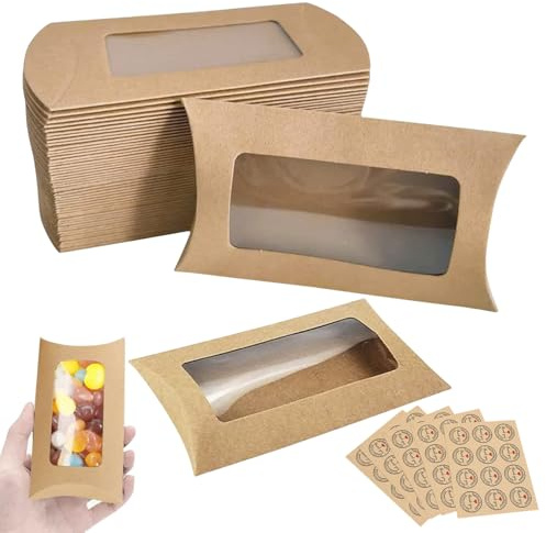 50 cajas de papel kraft marrón para almohadas, pequeñas con ventana transparente, diseño de ventana en forma de cojín con 60 pegatinas, caja de regalo pequeña, papel de estraza para bodas, cumpleaños