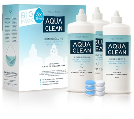 AQUA CLEAN Kombilösung für Kontaktlinsen mit Hyaluron – Reinigung, Pflege & Feuchtigkeit, inkl. Linsenbehälter (3x360ml)