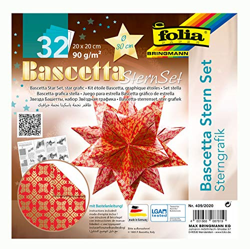 folia 409/2020 - Bastelset Bascetta Stern Sterngrafik rot/gold, 32 Blatt, 20 x 20 cm, fertige Größe des Papiersterns ca. 30 cm, mit ausführlicher Anleitung - ideal zur zeitlosen Dekoration