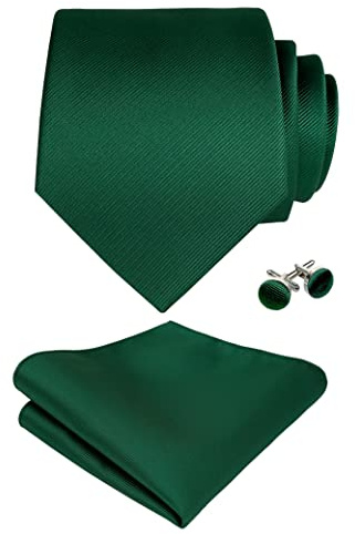 Alizeal Herren Einfarbig Krawatten, Einstecktuch und Manschettenknöpfe Set, Dunkelgrün