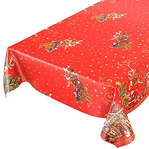 ANRO Wachstuchtischdecke Wachstuch Wachstischdecke Tischdecke Weihnachten Weihnachtsmann Rot Sterne 160x140cm