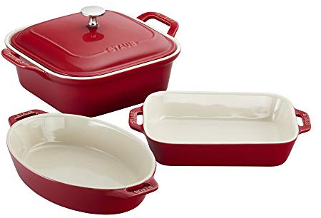 Staub Ceramic 4-pc Baking Pans Set, Casserole Dish with Lid, Brownie Pan, Cherry